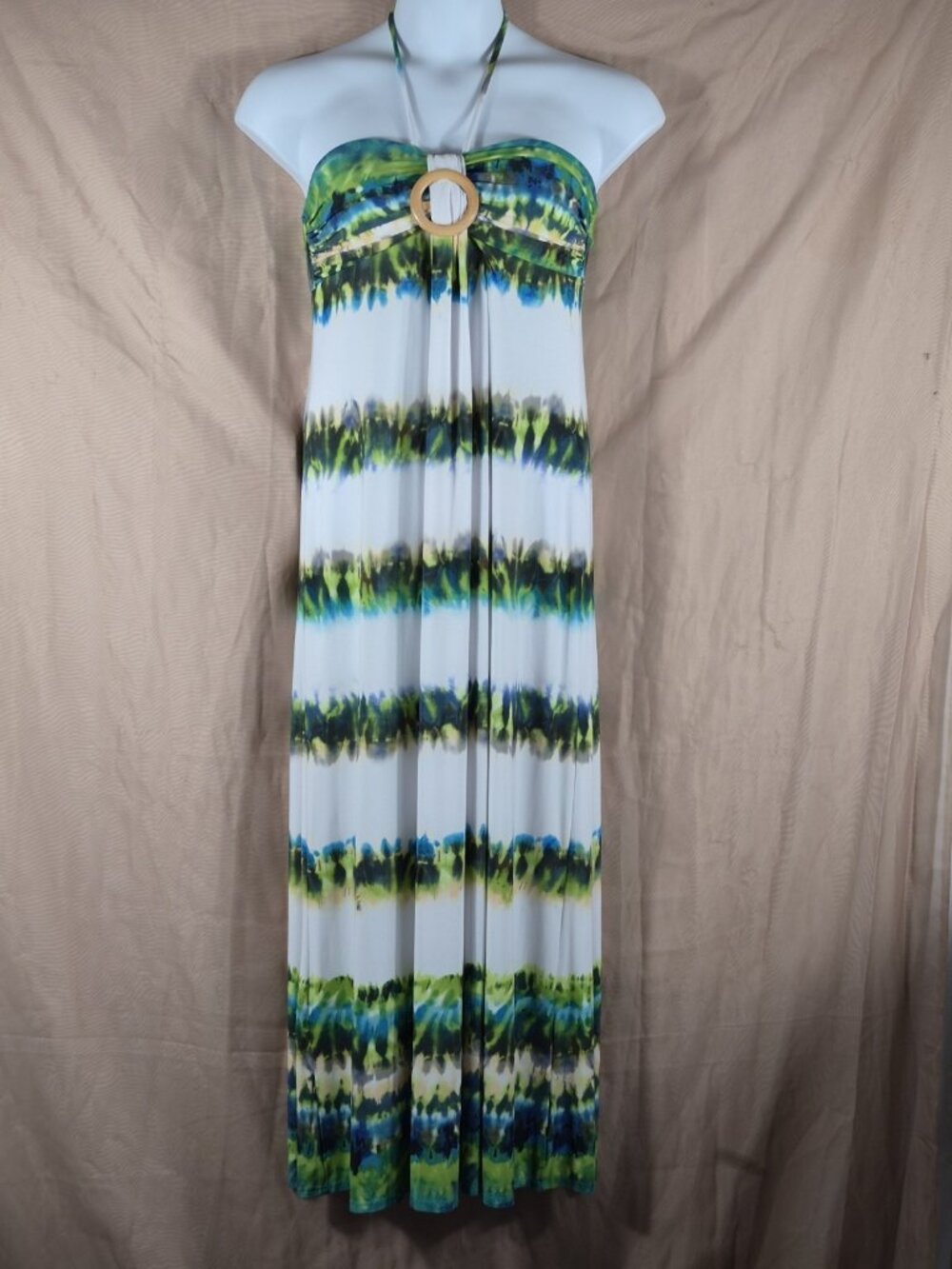 VTG CITY TRIANGLES women's green tie dyed halter wooden ring Maxi Dress size L